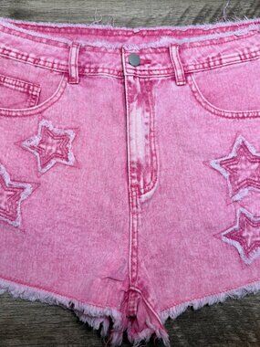 SHEIN Pink Star Patch Distressed Denim Shorts | Size L/XL (Adjust if needed)